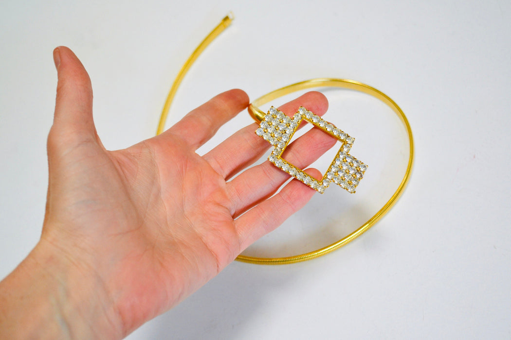 70s 80s Vintage Gold Stretch Belt Metal Rhinestone Diamond 70s Disco Stretch Metallic Gold Wedding Belt Small Medium 26-30"