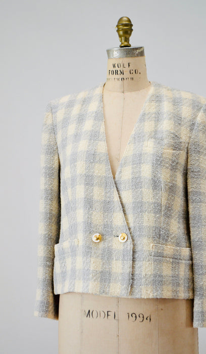 90s Vintage Cream Grey Boucle Plaid Jacket By Louis Feraud US 10 Medium Off White Grey Boucle Wool Houndstooth Plaid Jacket Small Medium