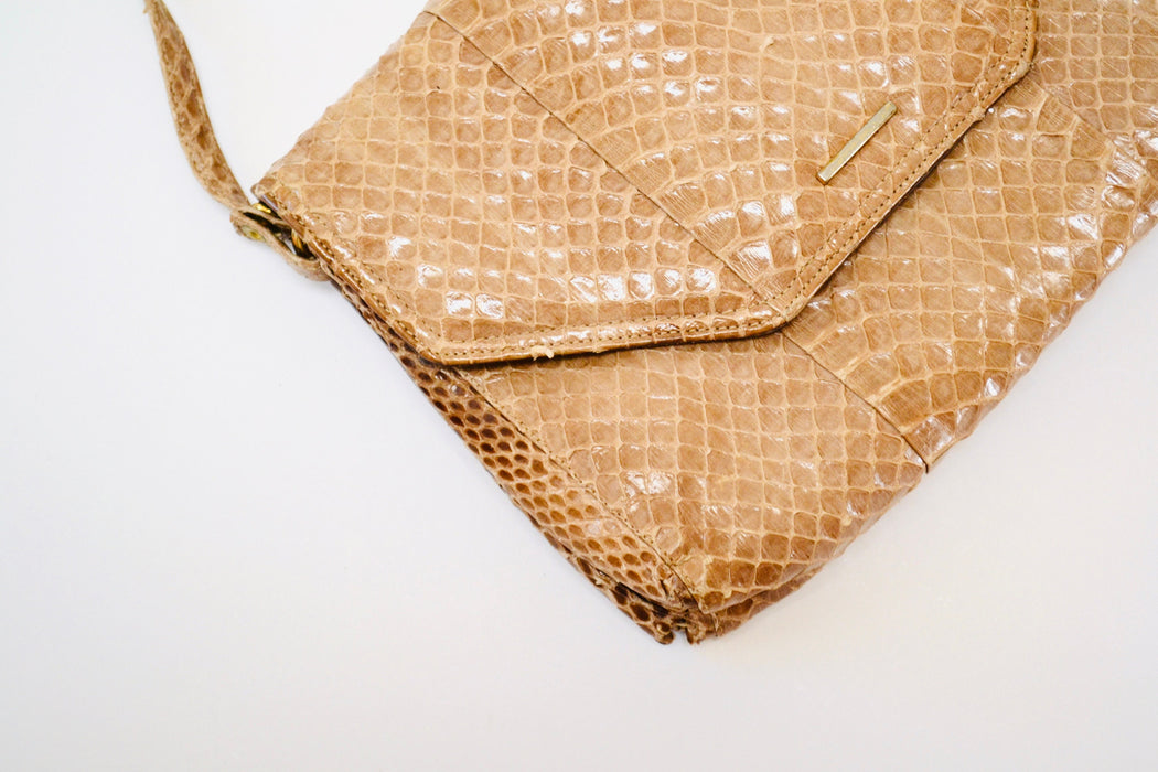 80s Vintage Tan Brown Leather Clutch Bag Purse Snakeskin Python// 80s Tan Camel Leather Snake Skin Bag Purse Jay Herbert