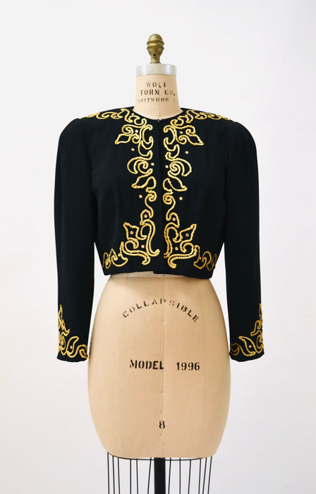 80s 90s Glam Vintage Black Gold Jacket Rhinestone Embroidered metallic Jacket Medium// Black Cropped Jacket Steven Stoller Metallic Medium