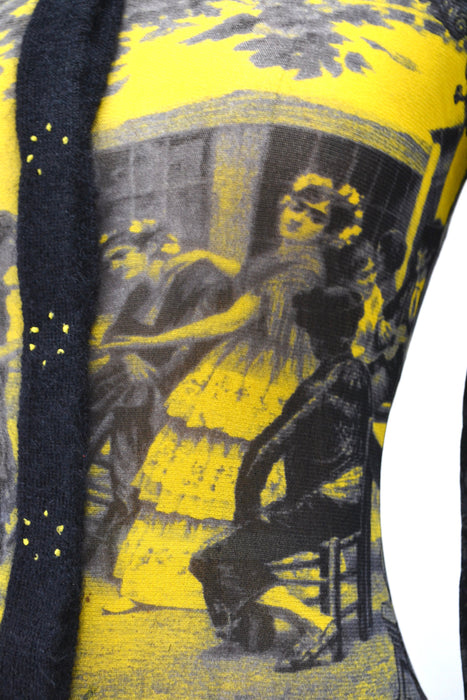00s Jean Paul Gaultier Mesh Shirt long sleeve Spanish Black Yellow Cardigan Mesh Sheer Shirt Pop Art Fashion Party top Jean Paul Gaultier
