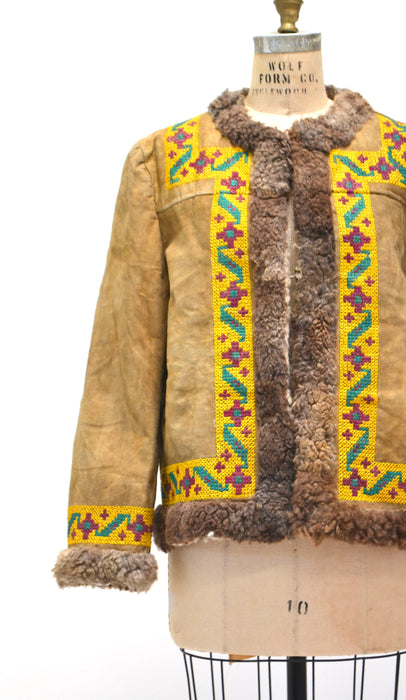60s 70s Vintage Embroidered Shearling Afghan Jacket Penny Lane Small Medium// 70s Shearling Coat Suede Leather Fur Embroidered Jacket Small