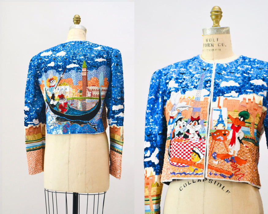 90s Vintage Jeanette Kastenberg Platinum Sequin Jacket Looney Tunes Bugs Bunny Cartoon Sequin Paris France Venice Italy Beaded Jacket