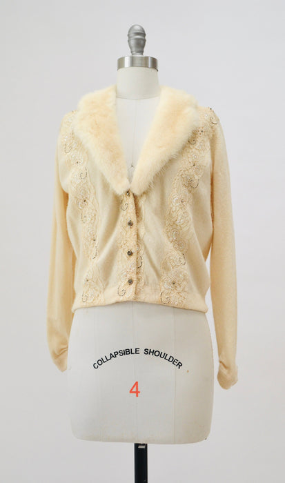 50s Vintage Cream Mink Fur Collar Beaded Cardigan Sweater Rhinestone Buttons Small Medium Vintage Wedding Fur Collared Cashmere Cardigan