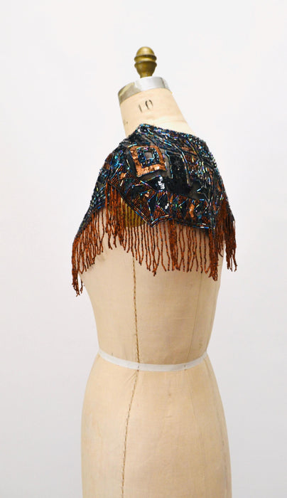 90s Vintage Beaded Fringe Shawl Wrap Burlesque Wedding Flapper Brown Black Metallic Beaded Vintage Fringe Collar Shawl Showgirl Festival