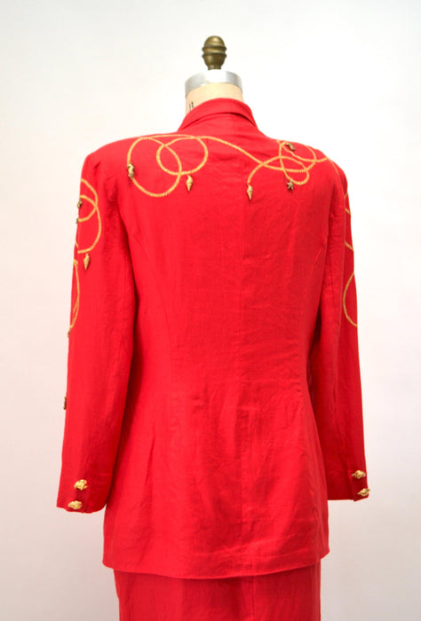 80s 90s Vintage Nautical Red Suit Jacket Blazer Skirt Red Gold Nautical Suit Linen Blazer Medium Large Lillie Rubin Boat Party Jacket Suit