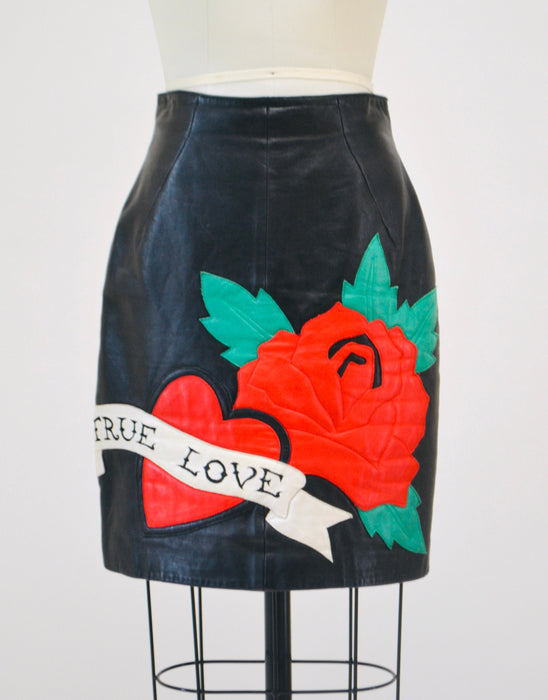 Vintage Black Leather Skirt with True Love Heart by Michael Hoban North Beach// 90s Vintage Black Leather Skirt XS Small Tattoo