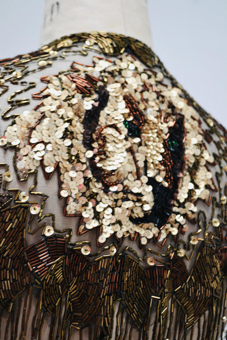 90s Vintage Metallic Beaded Sequin Fringe Shawl Lion Lioness Sequin Wrap Metallic Beaded Wrap Lion King Sharmark Las Vegas Showgirl