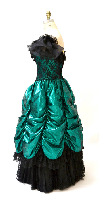 Vintage 80s Prom Dress Ball Gown XS Small Metallic Green Black// 80s Metallic Party Dress Green Black Lace Southern Bell Pageant Loralie