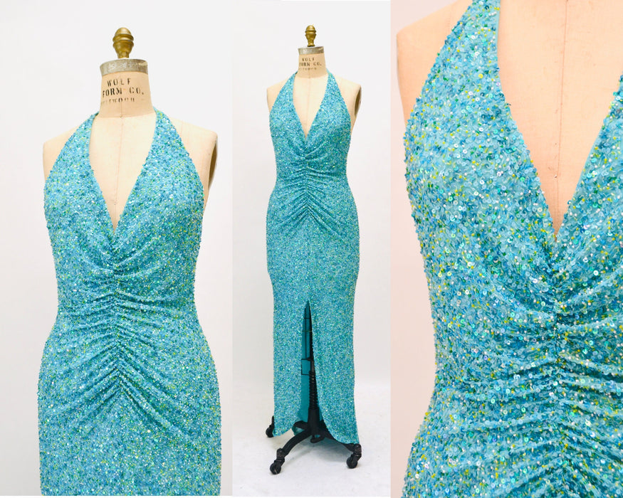 Vintage 00s Y2K Silk Bias Cut Dress Small Medium Blue Teal Silk Beaded Sequin Bias Cut Dress Evening Beach Wedding Gown Mermaid Prom Dress