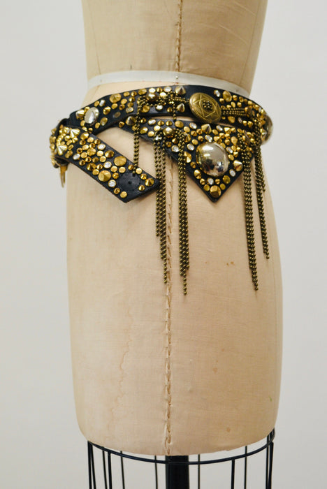 80s Vintage Black Gold Studded Rhinestone belt by Michael Morrison Black Leather Gold fringe Metallic Belt Rockstar Belt Medium large