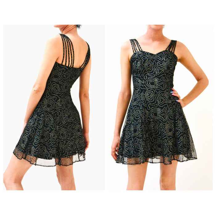 90s 00s Vintage Black Metallic Prom Party Dress Black Metallic Tank Club Dress// 90s Black Party Tank Dress XS Small Metallic Glitter Dress