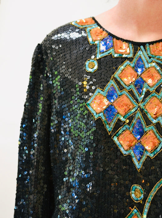 Vintage Metallic Black Sequin Shirt Art Deco Flapper Disco Medium Large// Vintage Black Sequin Shirt Top Long Sleeves Scala 80s 90s Party