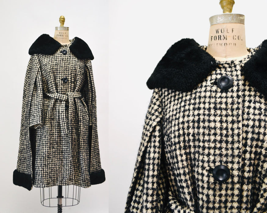Incredible Vintage Wool Jacket Cape Black White Plaid Wool Cape Poncho Jacket Coat // Vintage Black Plaid Cape Wool Jacket Cape Faux Fur