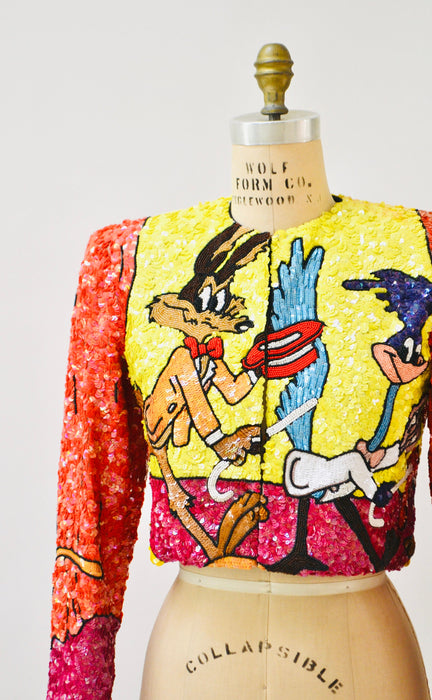 90s Vintage Jeanette Kastenberg Platinum Sequin Jacket Looney Tunes Warner Brothers Cartoon Beaded Jacket Medium Wile E. Coyote Road Runner