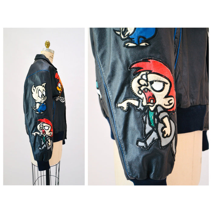 80s 90s Vintage Tiny Toons Adventures Leather Jacket Looney Tunes Cartoon Large Montana Toons Leather Jacket Warner Bros Taz Bugs Bunny