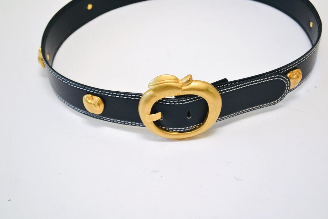 80s 90s Vintage ESCADA Apple Belt Gold Metallic Navy Blue Leather Belt size 40 Medium Large 80s Glam Navy Gold Belt Apple Fruit Teacher
