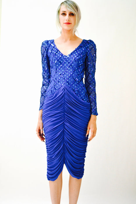 80s Prom Dress Blue 70s Disco Body Con Stretch Knit Dress XS small Metallic Blue Sequin Dress Party Pageant Dress long sleeve Open Back