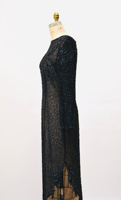 90s Vintage Black Beaded Sequin Party Dress Medium Large// 80s 90s Pageant Formal Black beaded Dress long sleeves Large Silk LIllie Rubin