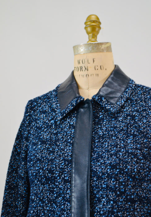 Vintage St. John Couture Navy Blue Jacket Blue Boucle Jacket Leather Size 4 Blue  Jacket St John Navy Blue Convertible Leather Wool Jacket