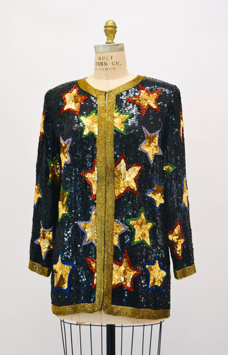 80s 90s Vintage Star Sequin Beaded Jacket Black Gold Metallic Star Sequin Jacket Medium// 80s 90s Glam Vintage Party Sequin Jacket Stars