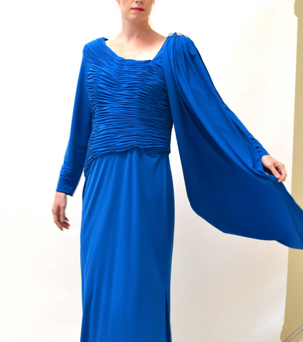 Vintage Draped Goddess Dress Gown Large XL Cobalt Blue By Rose Taft//  Vintage Blue Evening Gown Dress Asymmetrical Long Sleeves Bright Blue
