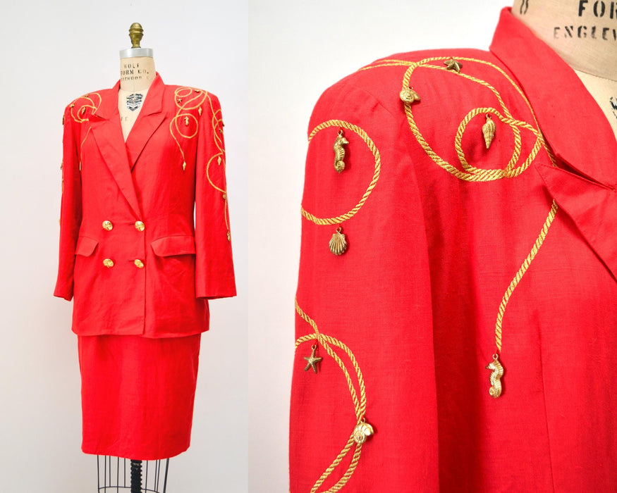 80s 90s Vintage Nautical Red Suit Jacket Blazer Skirt Red Gold Nautical Suit Linen Blazer Medium Large Lillie Rubin Boat Party Jacket Suit