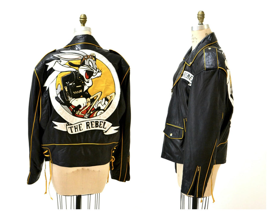 90s Vintage Black Leather Motorcycle Biker Jacket Rebel Bugs Bunny mens Large XL Looney Tunes Cartoon Leather jacket by Baez