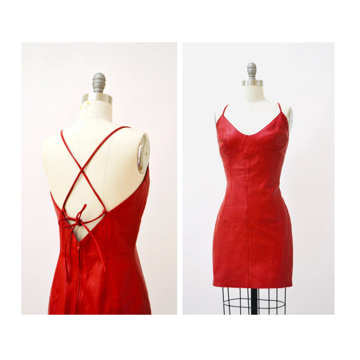 Stunning 90s 2000s y2k metallic Red Leather Dress Lace Up leather Dress XXS XS Small Michael Hoban North Beach red leather Short Dress