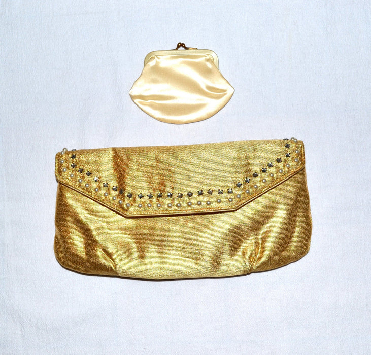 Vintage Gold metallic Clutch Purse bag Rhinestones and Pearls// Vintage Metallic Clutch// Metallic Gold Wedding Evening Bag purse clutch