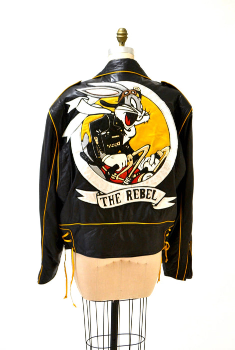 90s Vintage Black Leather Motorcycle Biker Jacket Rebel Bugs Bunny mens Large XL Looney Tunes Cartoon Leather jacket by Baez