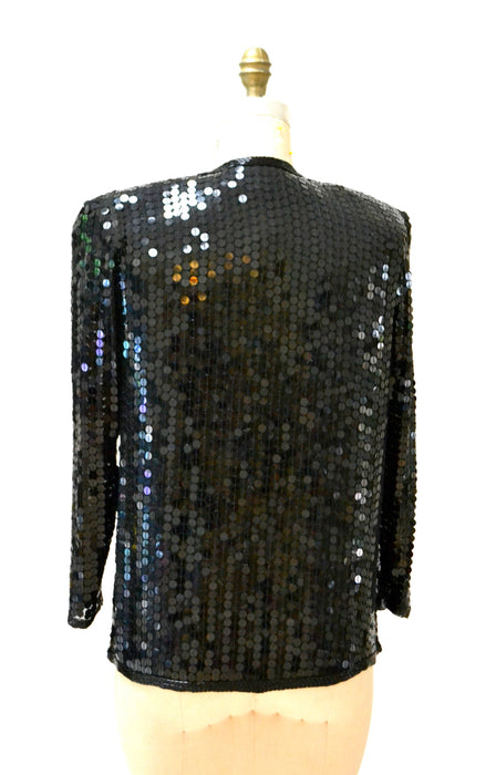 Vintage Black Sequin Jacket Small Medium// Black Silk Sequin Metallic Jacket 80s Trophy Sequin Jacket Small Medium