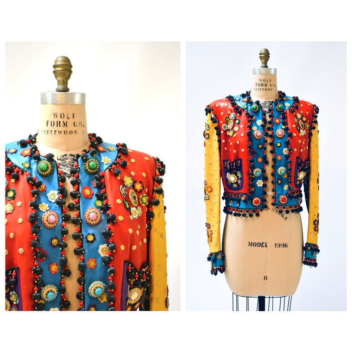 Vintage 90s Moschino Leather Jacket Gold Metallic 1991 Spring Summer Moschino Studded Leather Jacket Red Blue Green Yellow Made in ITaly