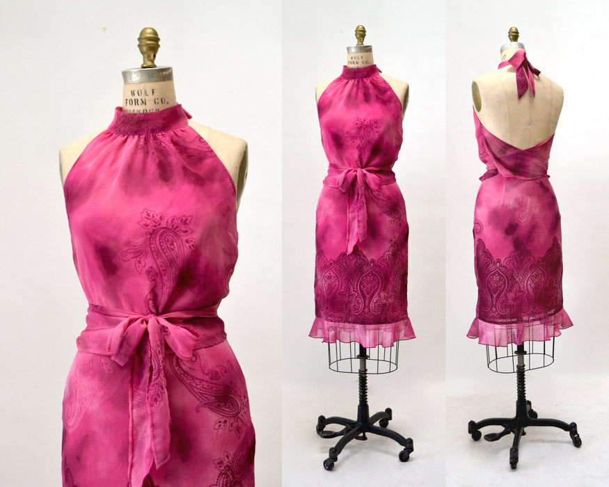 Vintage 00s Y2K Chiffon Halter Top Skirt Pink Y2K Party Halter neck Summer Party dress Small 90s 00s Y2k Tank Halter neck Dress Kookai