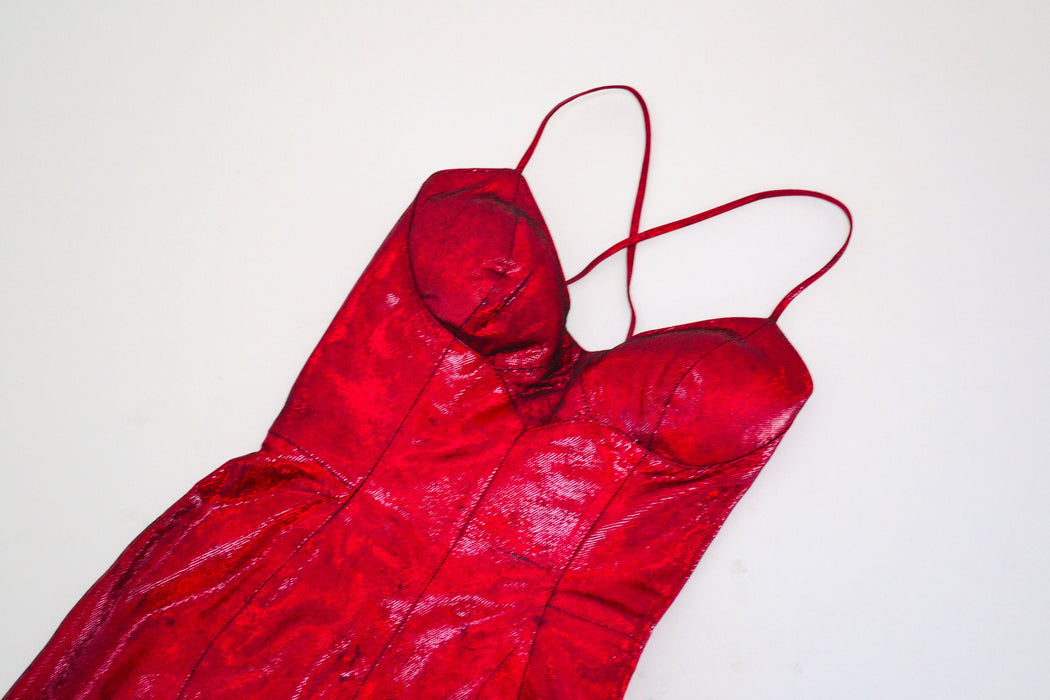 Stunning 90s 2000s y2k metallic Red Leather Dress Lace Up leather Dress XXS XS Small Michael Hoban North Beach red leather Short Dress