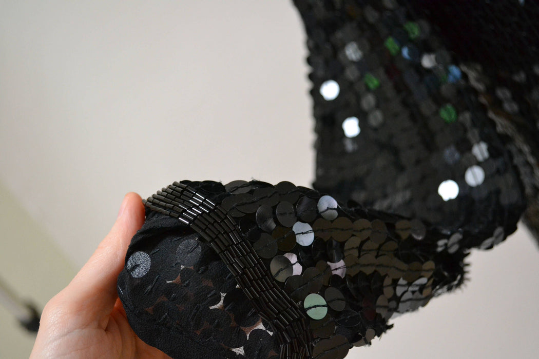 Vintage Black Sequin Jacket Small Medium// Black Silk Sequin Metallic Jacket 80s Trophy Sequin Jacket Small Medium