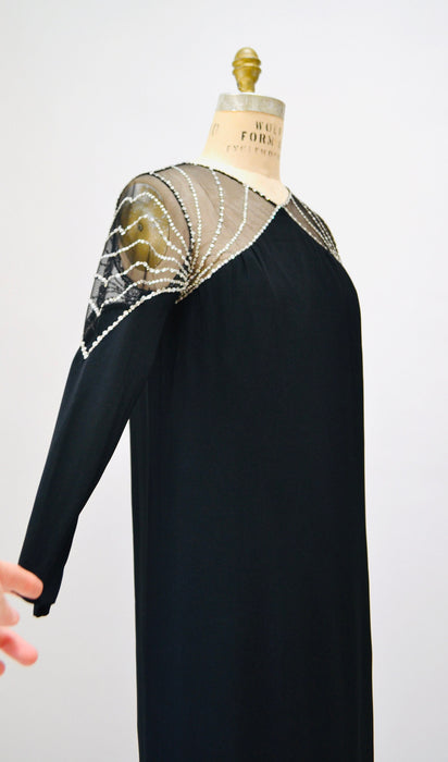 70s 80s Vintage Black Rhinestone BOB MACKIE Dress Medium Large // Vintage Black Illusion Dress// Metallic Rhinestone Party Cocktail Dress