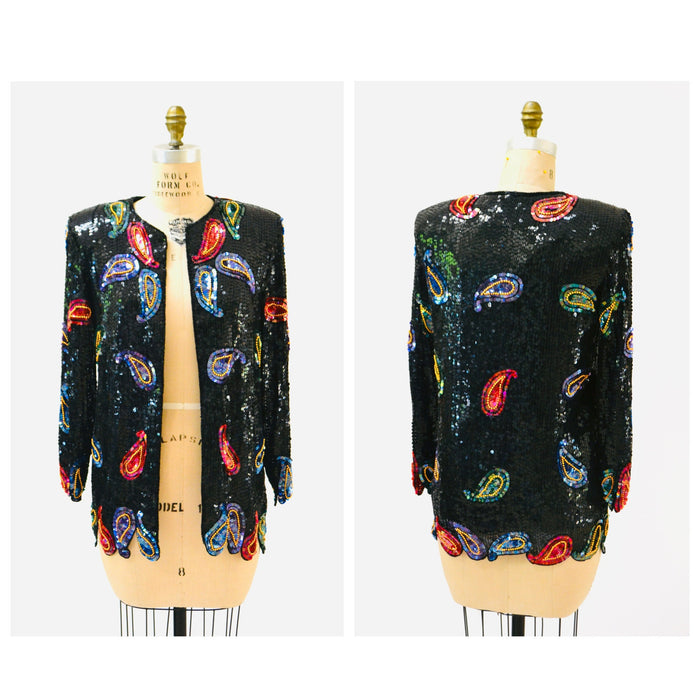 Vintage Black Sequin Jacket Paisley Beaded Jacket Medium Large // Vintage Black Sequin Jacket Paisley Metallic 80s 90s Glam Sequin Jacket