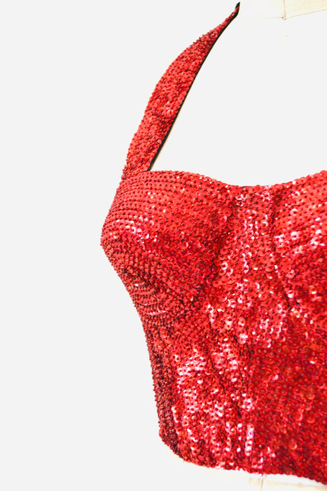 80s 90s Vintage Red Sequin Bustier Crop Top Halter top Size Medium Sequin Red Halter Top Disco Dance 80s 90s Sequin Showgirl Halter TOp