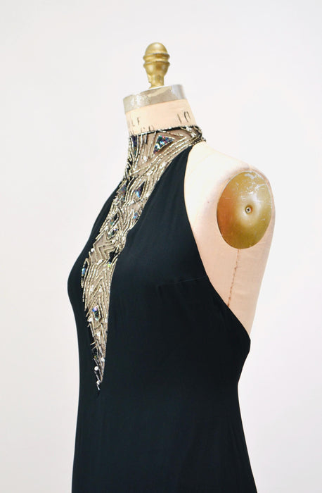 80s 90s Vintage BOB MACKIE Dress Black Star Beaded Metallic Halter Neck// Black Sexy Halter Mini Dress Small Medium Bob Mackie Cher
