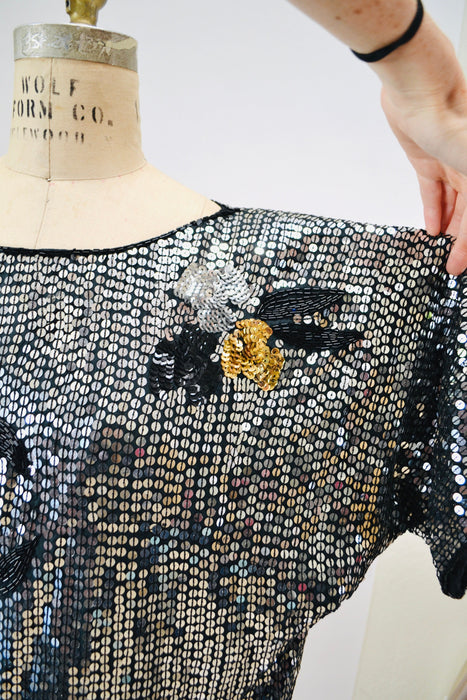 70s 80s Vintage Beaded Shirt Top Black Silver Top Large Shirt 70s 80s Glam Disco party Silver Metallic Sequin Top Size Medium Large