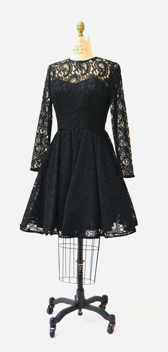 Vintage 80s 90s Black lace Dress Small Medium Long Sleeves Crinoline skirt// 90s does 50s Black Lace Party Dress Rimini Medium Paisley Lace