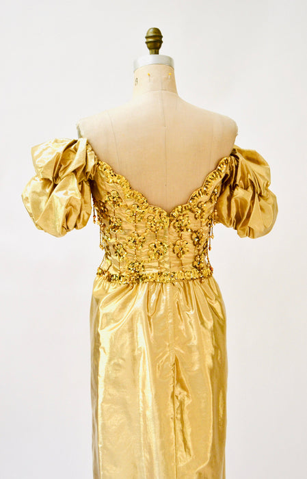 Gold Metallic 80s Prom Dress Evening Gown Barbie Costume // 80s Vintage Gold Drag Queen Pageant Dress Evening Gown Mike Benet small Medium