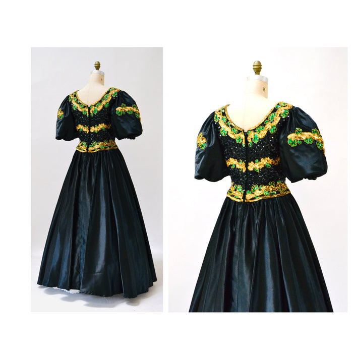 80s Prom Sequin Dress Black Ball Gown Medium Large // Vintage 80s Pageant Princess Dress Ball gown Mike Benet Sequin Party Dress Black Gold
