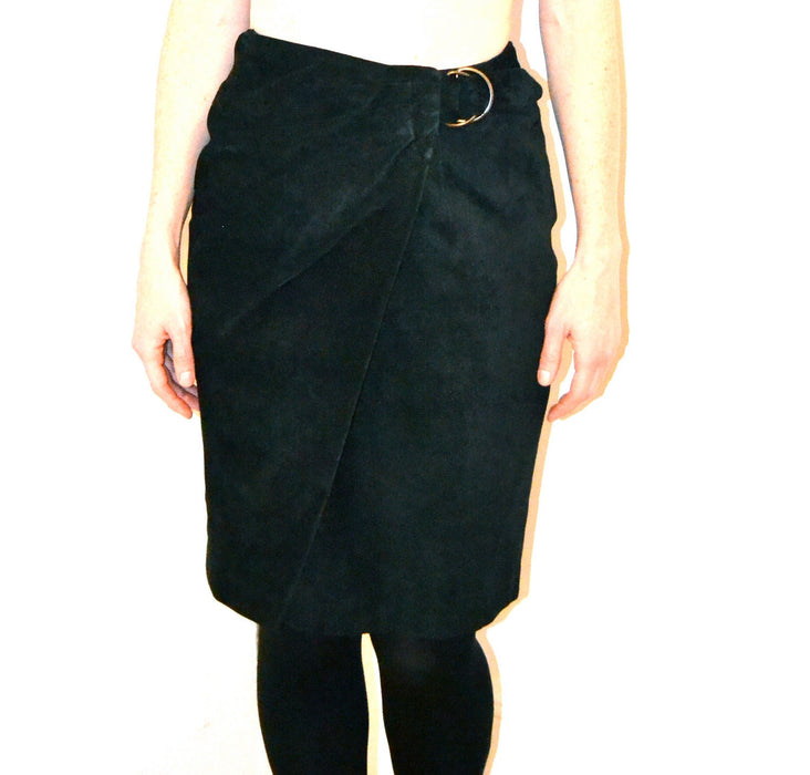 90s Vintage Suede Leather Skirt Black// Vintage Black Suede Wrap Skirt size Small Medium