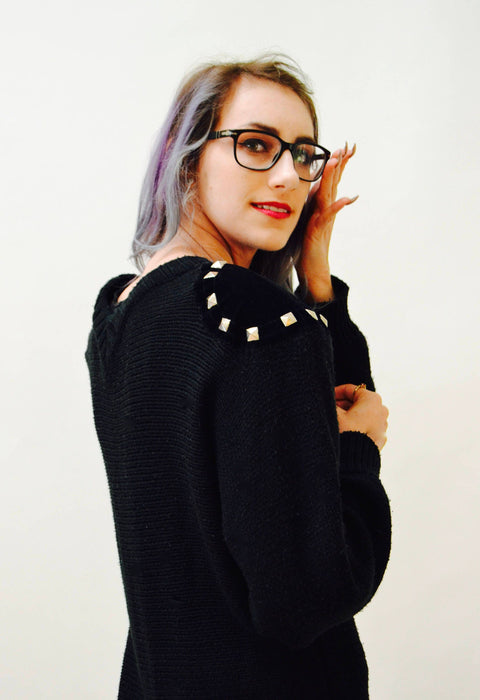 Vintage 80s Black Sweater Metallic studs rhinestones and faux leather SIze Medium Jumper Pull over 80s Glam Black Sweater