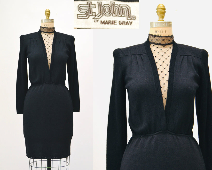 80s Vintage St John Dress Black Knit Dress By St John Rhinestone Mesh Knit Long Sleeve Dress // 80s Black Sweater Knit Party Dress XS Small