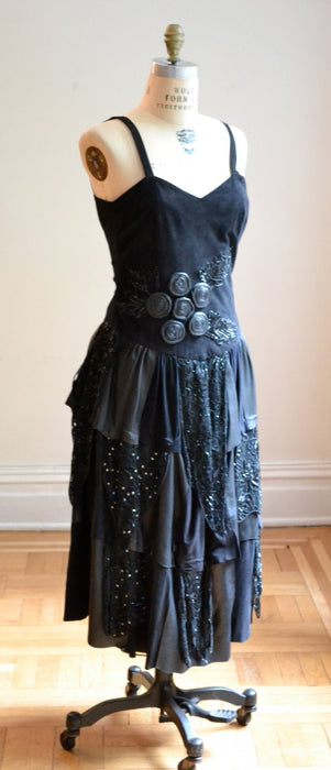 90s Black Leather Dress Ruffles Sleeveless Black Leather Suede Tank Dress Small// 90s Leather Lace Dress Small by Judith Ann Creations