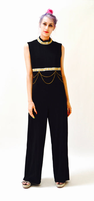 70s Vintage Black Jumpsuit Medium Large Metallic Gold Knit By Ricky Ann// 70s Vintage Jumpsuit Pantsuit Black Metallic Chain Trim