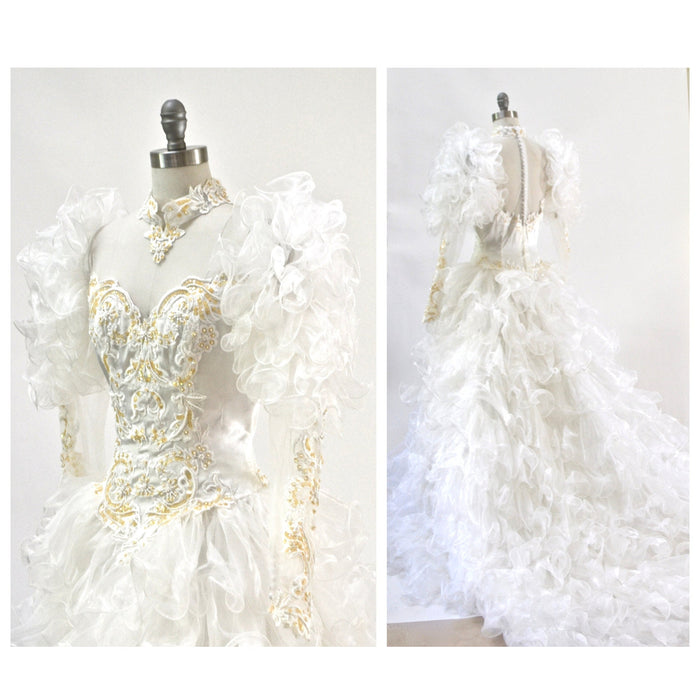 Vintage 80s 90s Wedding Dress GOWN White Sequin Ruffle 80s 90s Wedding Gown Dress Small Medium Long Sleeve High Neck Sequin Beaded Dress